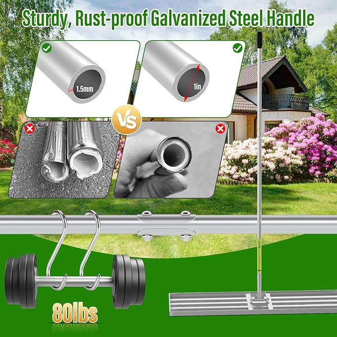 Lawn Leveling Rake,48x12 inch Heavy-Duty Galvanized Steel Landscape Rake with an Adjustable 78'' Extra Long Handle Lawn Leveling Tool for Yard,Backyard,Garden,Golf,Farm,Pasture