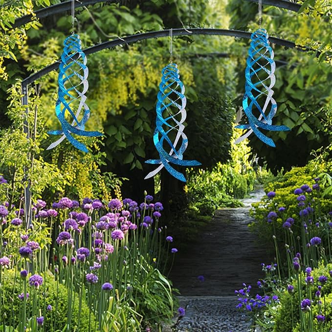Hausse Bird Repellent Spiral Reflectors Blue Mylar Spinner, Hanging Reflective Bird Deterrent Device, Garden Decorative Scare Birds Away, Like Woodpeckers, Pigeons and Geese, 3 Pack