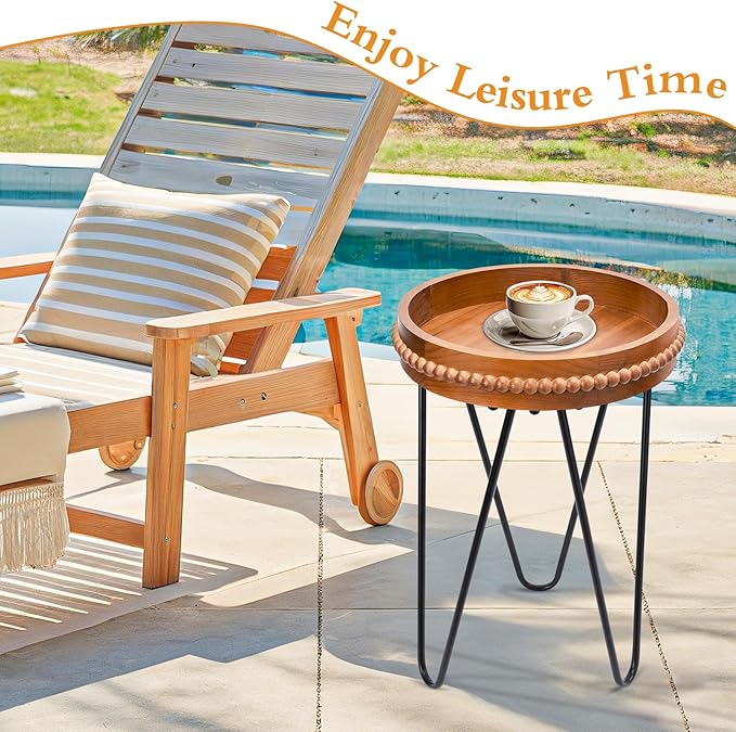 VCUTEKA Outdoor Side Table Round Small Accent Table Wood Patio Side Table End Table with 3 Metal Legs Plant Stand Indoor Coffee Tables