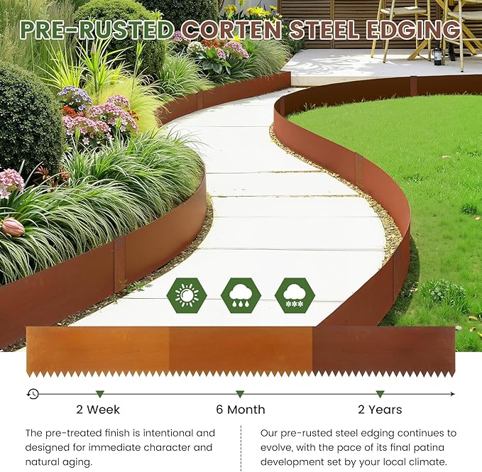 Dyna-Living 40 x 8 Inch Steel Landscape Edging 6 Pack Metal Edging for Landscaping Garden Edging Border, 20FT Total Pre-Rusted Border Metal Landscape Edging with Clips for Lawn, Garden, Yard