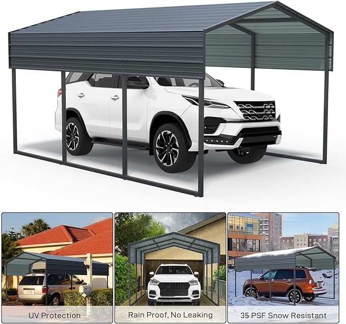 Outvita Heavy Duty Metal Carport, 10x15FT, Gray, Vehicle Protection, Outdoor Gatherings