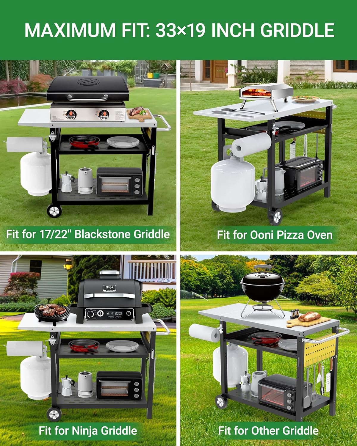 Outdoor Grill Cart with Pegboard, 3-Shelf Pizza Oven Table with Drawer, Stainless Steel Kitchen Dining Cart with Wheels, Food Prep Table Grill Stand for Outside BBQ Patio Backyard