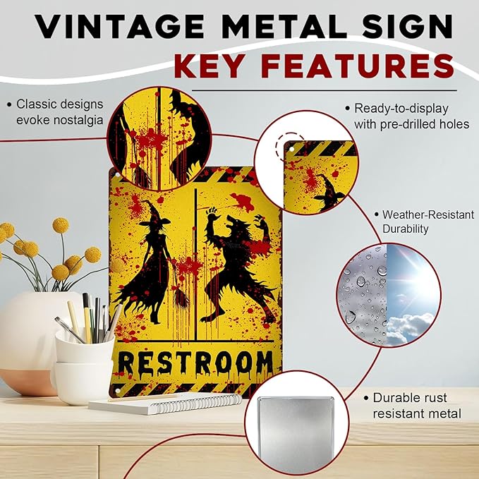 Halloween Restroom Decor Vintage Rustic Wall Art Retro Tin Plaque Iron Painting Funny Toilet Door 12x16inch