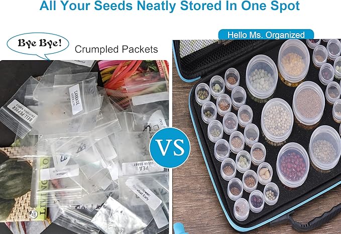 48 Slots Seed Storage Organizer Box, Garden Vegetable Plant Flower Seeds Saving kit with Write Label Funnel Tweezer 2 Sizes Storage Bottles