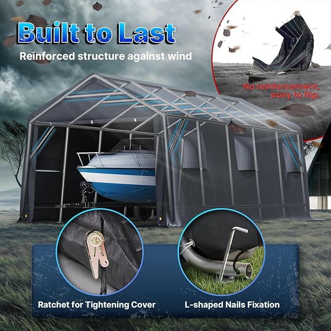 ADVANCE OUTDOOR 13x20 ft Carport 2 Roll up Doors & Vents Outdoor Portable Storage Shelter Garage Tent for Vehicle Boat Truck Anti-UV Snow Resistant Waterproof, Gray