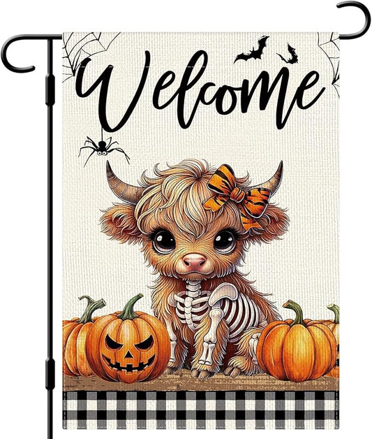 DLZDN Welcome Halloween Highland Cow Garden Flag Skeleton Pumpkins Flag Burlap Farmhouse Yard Sign Holiday Seasonal Outdoor House Decoration