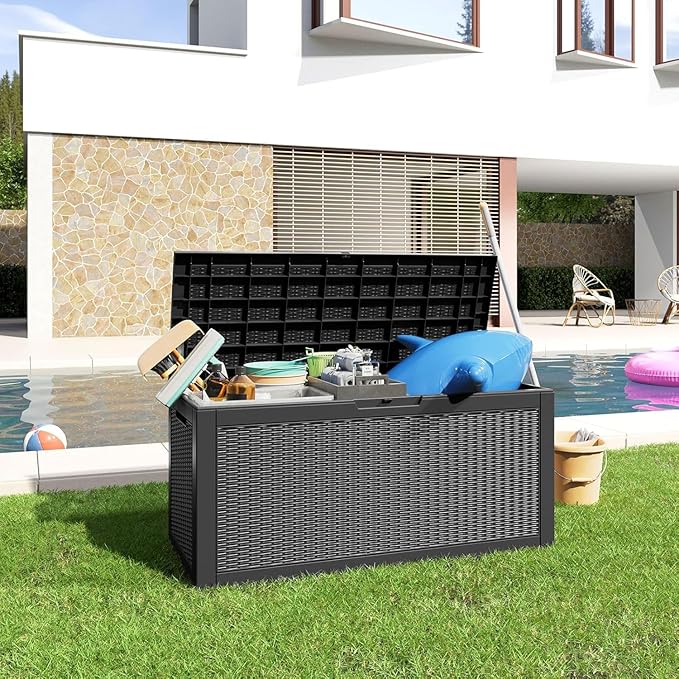100 Gallon Deck Box,Resin Outdoor Storage Box with Lockable for Patio Furniture, Pool Accessories, Garden Tools Waterproof Outside Storage Box, Black Pattern