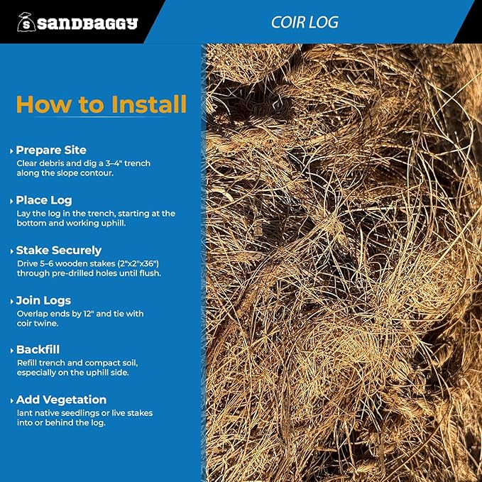 Sandbaggy Coir Fiber Log – 16" Diameter | 100% Biodegradable Erosion Control - Coconut Fiber - Slope Erosion (16" x 10 ft, 20, Count)