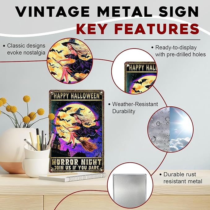 Halloween Spooky Witch Vintage Sign Witchy Bat Halloween Metal Tin Sign for Home Bar Kitchen Hotel Dining Room Coffee 8x12inch