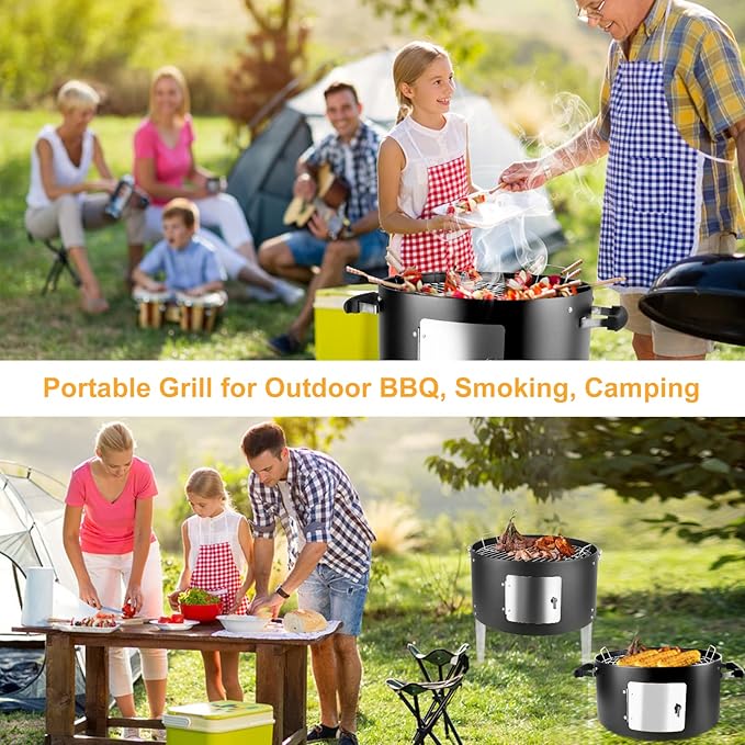 Charcoal BBQ Grill, Heavy Duty 3-in-1 Barbecue Smoker Grill for Garden Camping Outdoor Cooking and Grilling