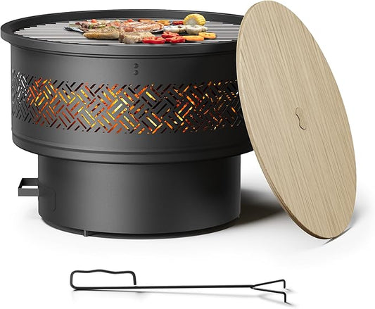 26 inch Fire Pit with Grill & Lid, Firepits for Outside Wood Burning Fire Pit Table with Fire Poker, Multifunctional Outdoor Fire pits for BBQ, Table, Bonfire, Camping, Backyard, Patio, Picnic