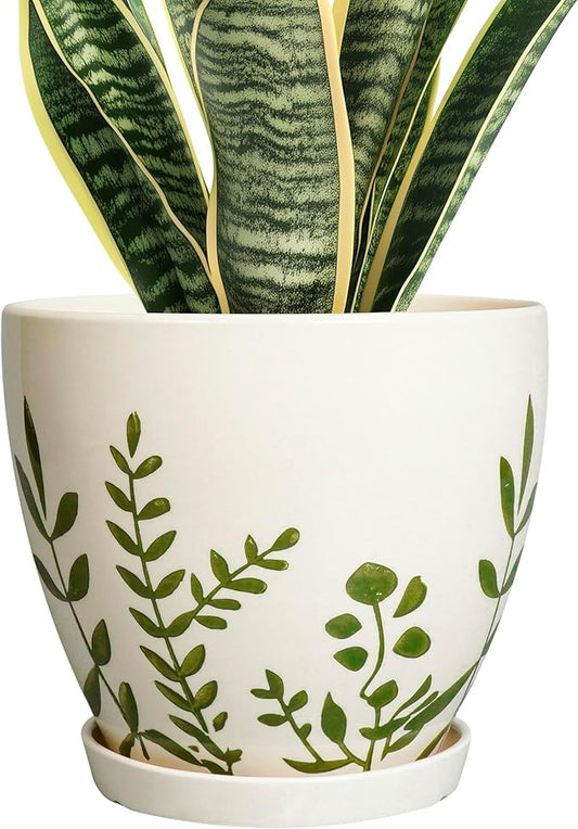 Ceramic Pot for Plants 8.2 Inch - Indoor Plant Pot with Drainage Hole and Saucer, Decorative Boho Round Outdoor Planter, Gardening Gifts for Women Men, Room Patio Office Home Decor, White