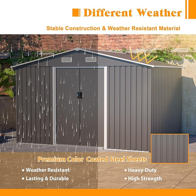 10x8 FT Sheds & Outdoor Storage Garden Metal Shed with Floor Frame Lockable Sliding Door and Air Vents Foundation Steel Shed with Air Vents Waterproof Roof Ideal for Backyard Patio Lawn Dark Gray