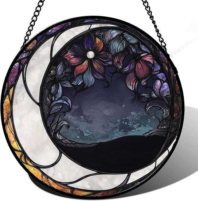 Stained Glass Window Hanging - Black and White Moon Sun Catcher for Door Terrace Garden Home Decor, Abstract Plant Flower Suncatcher Birthday Gifts for Lovers Women Men Dad Mom Nana 11.8 in