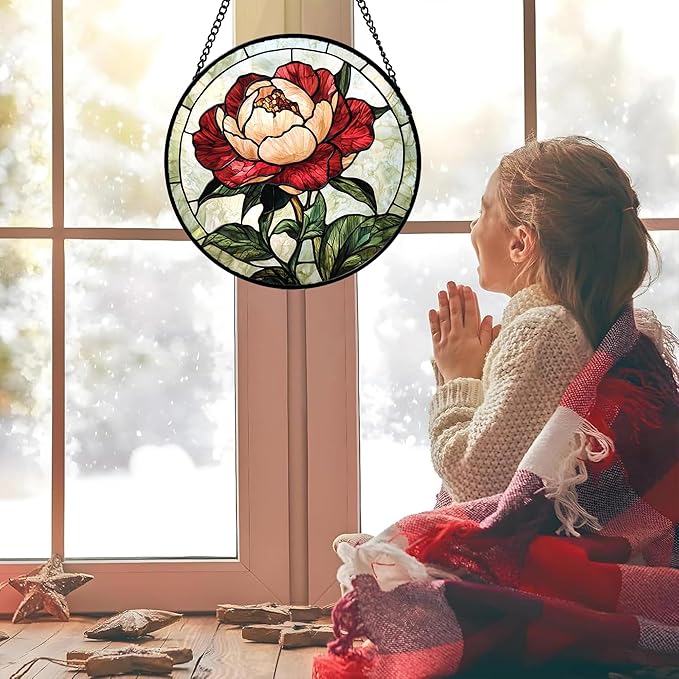 Stained Glass Window Hanging - Peony Suncatcher for Door Garden Home Decor Pink Birth Flower Sun Catcher Christmas Birthday for Friend Lovers Women Mom Nana 9.8 in