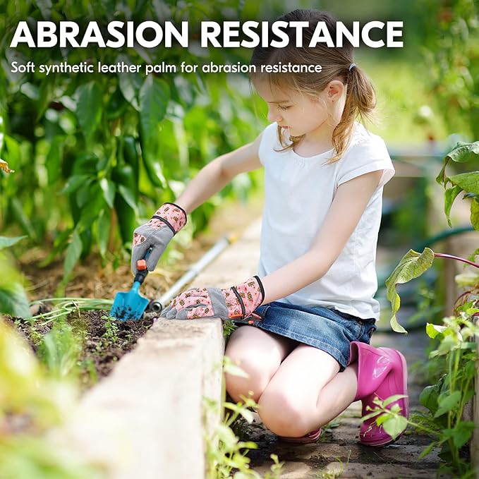 Vgo... 1-Pair Age 5-6 Kids Gardening Gloves,Children Yard Work Gloves,Soft Safety Outdoor Playing Gloves (Size M, Pink Bee, KID-MF3561)