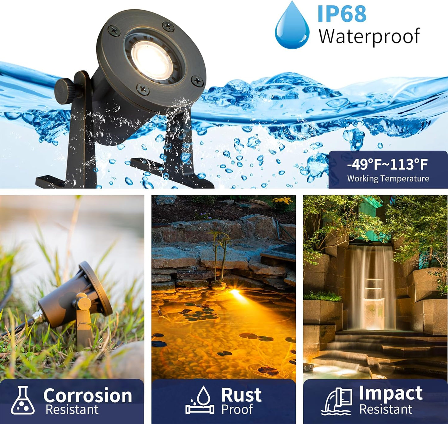 Submersible Pond Light - 12V Low Voltage IP68 Waterproof, Solid Brass Underwater Light with 5000K MR16 LED Bulb, for Water Fountains, Waterfalls, Pool and Outdoor Landscape Lighting(4 Pack)