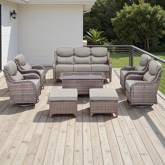 Wicker Outdoor Patio Furniture Set - 8 Piece Patio Conversation Sets with Swivel Rocker Chairs, Ottomans, Sofa and Coffee Table, 6 inch Cushions, Deep Seating, for Porch Deck Brown/Beige