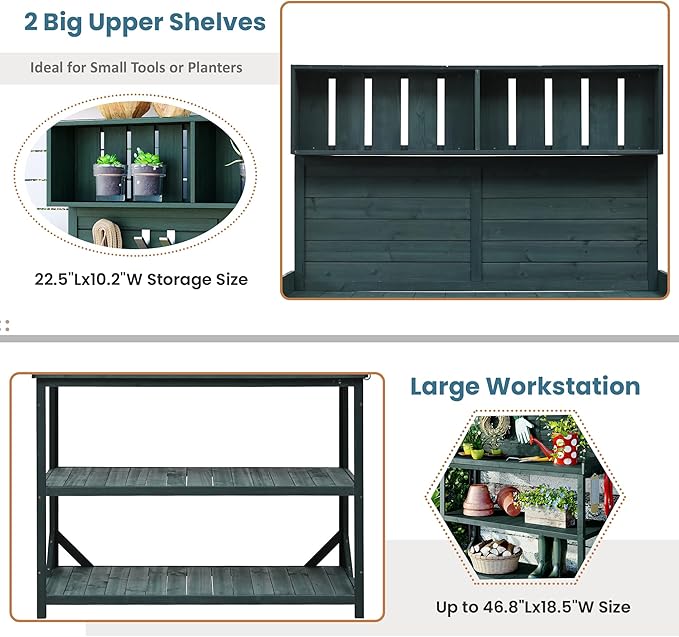 Merax 65" Large Wooden Farmhouse Rustic Outdoor Potting Bench Table with 4 Storage Shelves and Side Hook, Patio Workstation, for Garden, Backyard, Forest Green