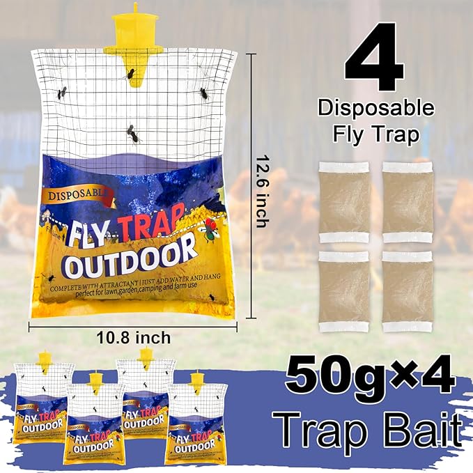 Disposable Fly Traps 4 Pack Big Bags Outdoor, Flies Catcher Traps with Natural Pre-Bait Refill Repellent, Stable Horse Ranch Trapper Outdoor Hanging Fly Killer Helps Control Flies