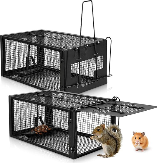 2 Pack Humane Rat Traps - Live Mouse Rat Cage Traps Catch and Release for Indoor Outdoor, Small Animals Traps, Easy to use(12.6''*5.5''*4.7'') Black