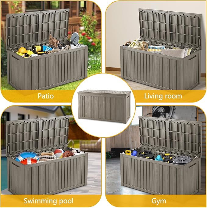 200 Gallon Deck Box, Resin Outdoor Indoor Waterproof Storage Box, Lockable Storage Box With Handle for Patio Furniture - Garden Tools - Brown