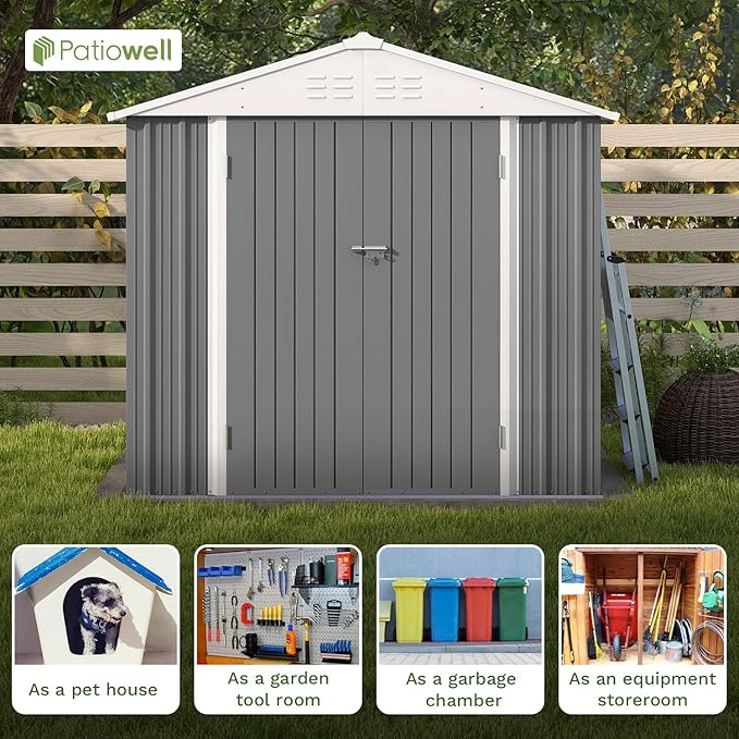 Patiowell 8x6 FT Outdoor Storage Shed, Garden Storage Shed with Sloping Roof and Double Lockable Door, Outdoor Shed for Backyard Garden Patio Lawn, Gray