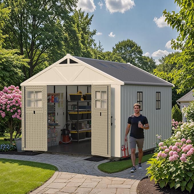 Patiowell 10x12 FT Outdoor Storage Shed with Floor and Lockable Door, All Weather Plastic Shed Garden Shed with Skylight and Multiple Windows for Backyard, Patio, Lawn, Beige