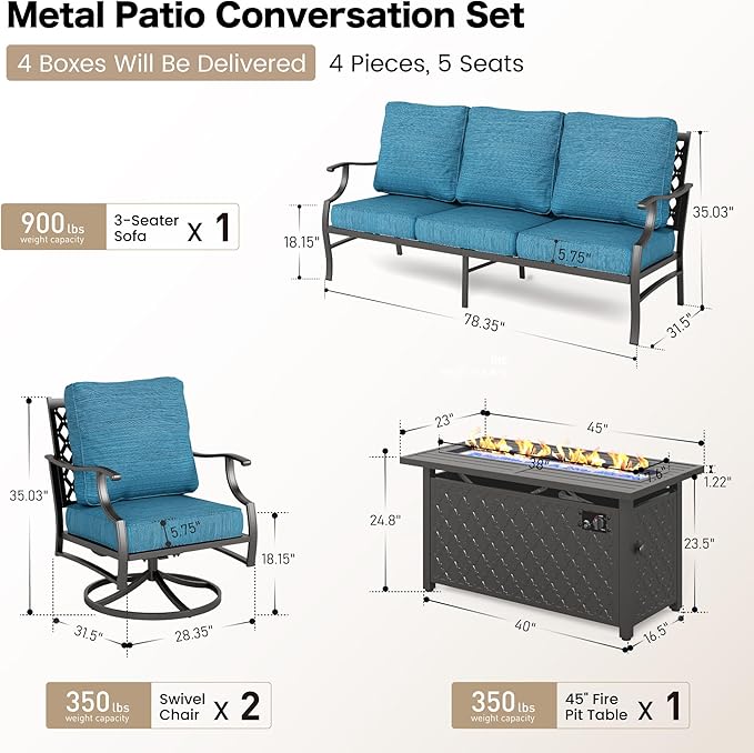 4 Piece Metal Outdoor Patio Furniture Sets with 5000 BTU Firepit Table, Patio Conversation Sets 3-seater Sofa, 2 Swivel Chair with 5.75" Thick Cushion, Black Backyard Furniture, Blue-2