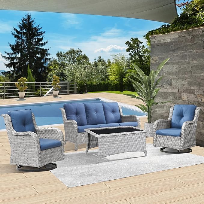 Patio Furniture 4 Piece, All-Weather PE Wicker Outdoor Furniture Set with Coffee Table,Outdoor Patio Furniture with Swivel Rocker Chairs and Outdoor Sofa