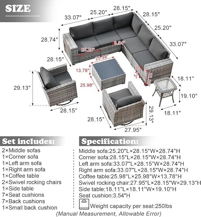 HOOOWOOO 9 Piece Modular Patio Outdoor Sectional Furniture Set with Swivel Rocking Chairs,Wicker Conversation Sofa Set,Outside Couch Set with Wide Arm(Black)
