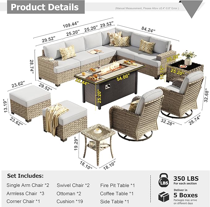 HOOOWOOO Outdoor Sectional Patio Furniture Set with Fire Pit Table,13 Pieces Wicker Conversation Sets L Shaped Couch,Extra Deep Out Door Sofa Outside Furniture with Swivel Chairs Ottomans,Light Gray