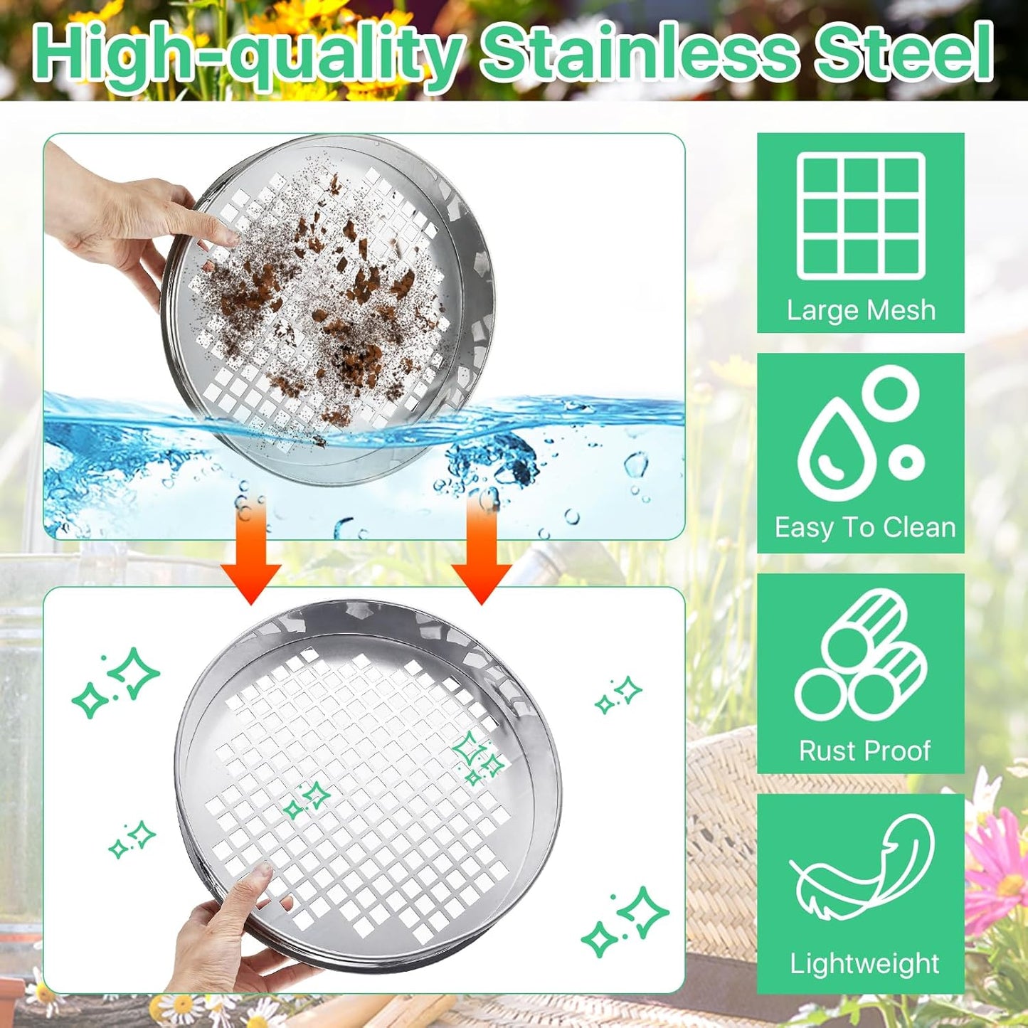 Soil Sifter for Gardening, Soil Sifter and Shovel Set, 11.8'' Stainless Steel Sand Sifter for Gardening, Dirt Sifter Strainer for Sand Rocks Dirt Seed Compost