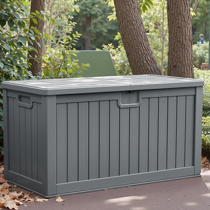 Greesum 230 Gallon HDPE Outdoor Storage Box with Removable Dividers, Weatherproof Oversized Deck Box for Patio, Garage, Garden, Gray