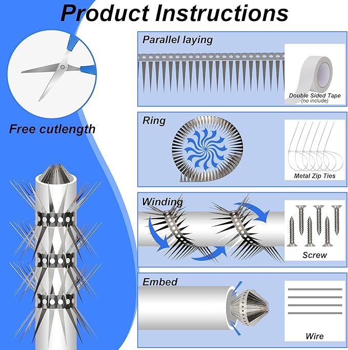 Squirrel Baffle Spikes, Stainless Steel Anti Climb Strips for Bird Feeder Pole, Raccoon and Squirrel Deterrent, Outdoor Security for Fence, Garden, Roof (60CM)