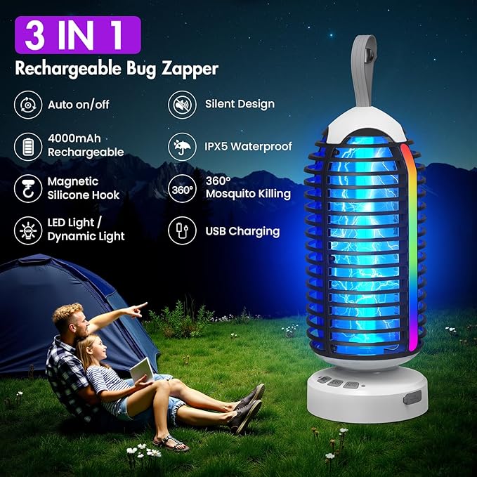 Bug Zapper Outdoor with Colorful Lighting and Auto-Sensing, 3 in 1 Cordless 4000mAh Battery Electric Fly Trap, Rechargeable Mosquito Zapper for Camping, Patios, Garden, Kitchen (2Pack-Black)