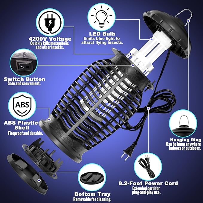 Bug Zapper Outdoor - 4200V Mosquito Zapper, Electric Fly Traps Insect Killer with 8.2ft Power Cord, ABS Plastic Outer, Hanging Fly Zapper for Home, Patio, Kitchen, Backyard, Camping
