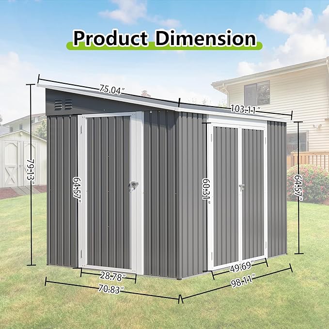 8x6 FT Outdoor Storage Shed with Reversible Door Installation, Heavy Duty Outdoor Shed w/Reinforced Floor Fram and Lockable Door, Garden Tool Storage Cabinet for Backyard Patio Lawn, Gray