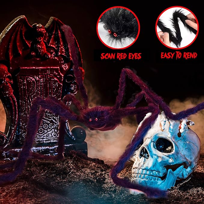 Halloween Decorations, 2Pcs 50'' Giant Spider + 200'' Triangular Spider Web and 100'' Round Spider Web, with Hook, Stretch Web and Ground Pile for Indoor Outdoor Halloween Decor Haunted House Props