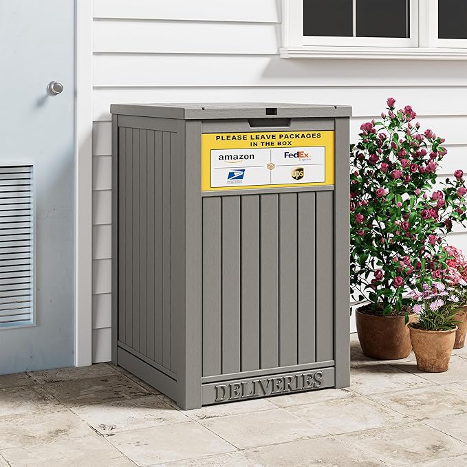 49 Gallon Package Delivery Boxes for Outside, Outside Storage Box Waterproof with Sign, Lockable Storage Box, Large Double-Walled Resin Weatherproof Deck Box for Porch and Patio, Grey