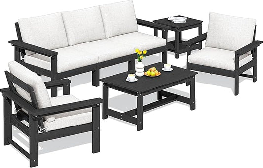 SERWALL HDPE Patio Furniture Set, 7-Piece Outdoor Sectional Sofa Set, All Weather Outdoor Couch Set for Deck, Lawn, Black Frame with Khaki Cushion