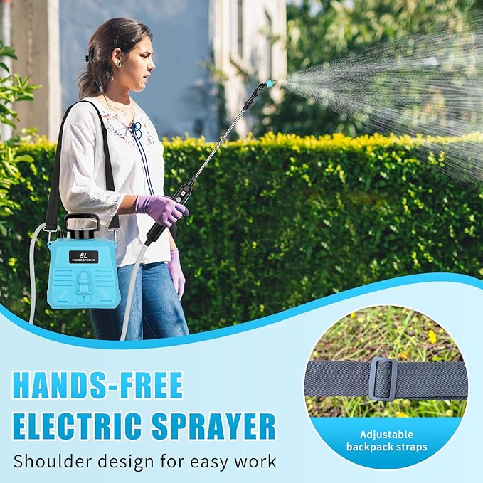 Battery Powered Sprayer 1.35 Gallon, Electric Garden Sprayer with 3 Mist Nozzles,Retractable Wand, Adjustable Strap for Lawn, Garden, Yard (Blue)