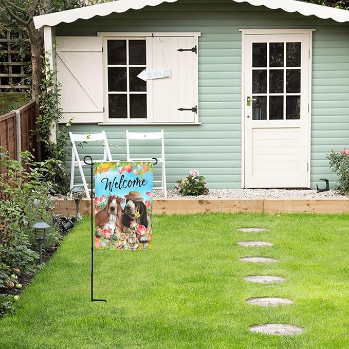 Happy Easter Basset Hound Dog Flowers Eggs Bunny Garden Flag Welcome Party Outdoor Outside Decorations Picks Home House Garden Yard Decor 12x18 Inch