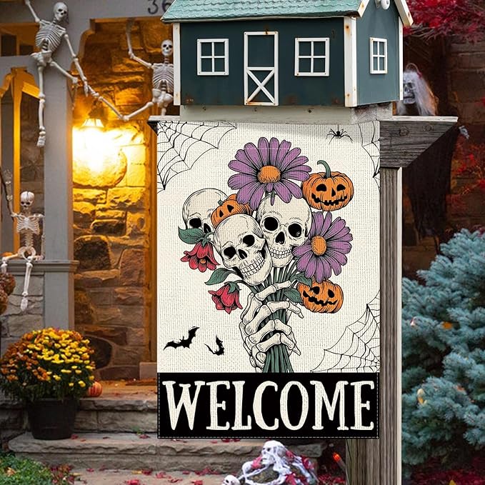 DLZDN Welcome Halloween Skull Garden Flag Skeleton Gothic Spooky Flag 12×18 Inch Double Side Vertical Burlap Farmhouse Yard Sign Holiday Seasonal Outdoor House Decoration
