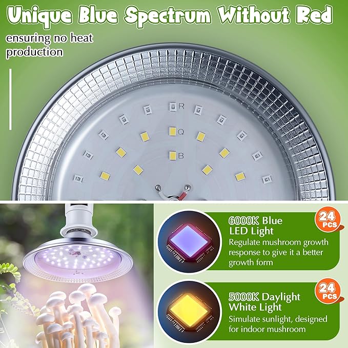 Meonum Mushroom Grow Light with 3/6/9 Hour Timer, 360° LED Hanging Grow Lights Bulb for Mushroom with 6.5ft Extension Cord, 6000K Blue&5000K White Lamp for Indoor Plants Growing Kit Supplies (1 Pack)