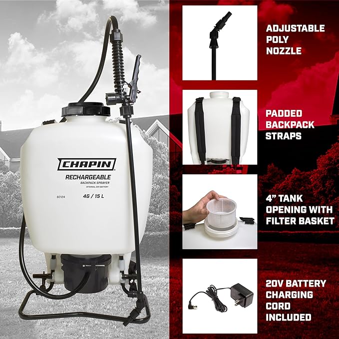 Chapin International 60124 4-Gallon 20V Internal Battery Rechargeable Backpack Sprayer, Made in The USA, 1-Pack, Translucent White