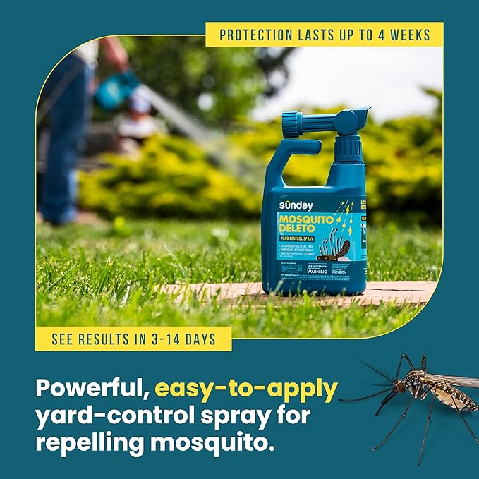 Sunday Mosquito Deleto - Mosquito Repellent & Bug Control Spray - Concentrated Lemongrass & Cedar Oils - for Mosquitoes, Fleas, & Ticks - Lasts up to 4 Weeks - Hose-On Sprayer, 32 Fl Oz
