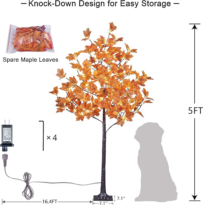 LIGHTSHARE 5FT 96LED Artificial Lighted Maple Tree Warm White Halloween Fall Decorations Indoor Ourdoor, Orange