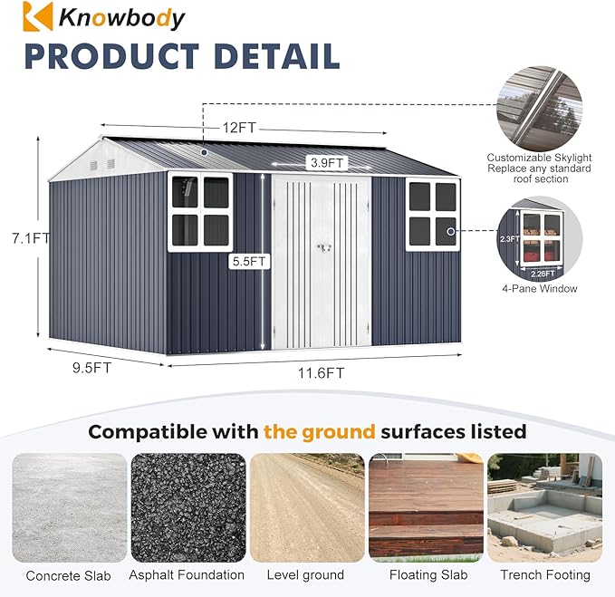 12x10 FT Metal Shed Heavy-Duty with Floor Kit, Outdoor Storage Garden Sheds with Reinforced Steel Frame & Customizable Skylight, Weatherproof Galvanized Tool Tiny House for Backyard, Patio, and Lawn