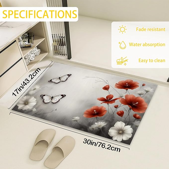 Red Poppy Flower Welcome Mat Indoor,Vintage Butterfly Floral Front Door Mat,Non-Slip Entryway Rug, Low Profile Felt Indoor Doormat for Back Door Porch Patio Entrance,30 x 17 Inch